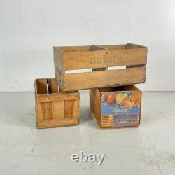 SET OF 3 VINTAGE INDUSTRIAL 60s WOODEN FRUIT APPLE CRATE BOX #4493