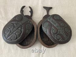 Sado Fujio Small Wooden Box 2 Set Rhinoceros Beetle & Stag Beetle Ainu Carving