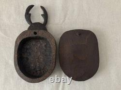 Sado Fujio Small Wooden Box 2 Set Rhinoceros Beetle & Stag Beetle Ainu Carving