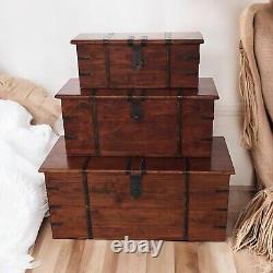 Set 3 Large Trunk Chest Rustic Solid Wooden Box Vintage Storage Ottoman Bench