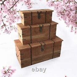 Set 3 Large Trunk Chest Rustic Solid Wooden Box Vintage Storage Ottoman Bench