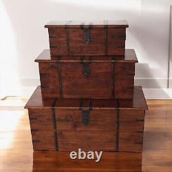 Set 3 Large Trunk Chest Rustic Solid Wooden Box Vintage Storage Ottoman Bench