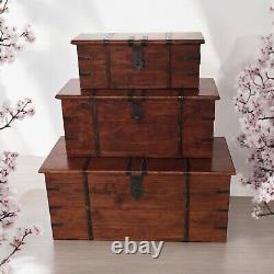 Set 3 Large Trunk Chest Rustic Solid Wooden Box Vintage Storage Ottoman Bench