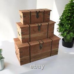 Set 3 Large Trunk Chest Rustic Solid Wooden Box Vintage Storage Ottoman Bench