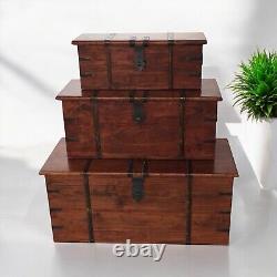 Set 3 Large Trunk Chest Rustic Solid Wooden Box Vintage Storage Ottoman Bench