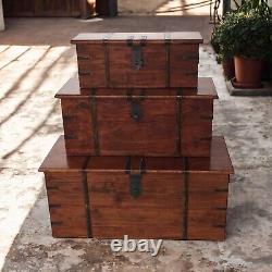 Set 3 Large Trunk Chest Rustic Solid Wooden Box Vintage Storage Ottoman Bench