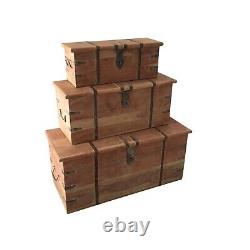 Set 3 Large Trunk Chest Rustic Solid Wooden Box Vintage Storage Ottoman Bench