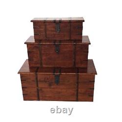 Set 3 Large Trunk Chest Rustic Solid Wooden Box Vintage Storage Ottoman Bench