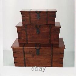 Set 3 Large Trunk Chest Rustic Solid Wooden Box Vintage Storage Ottoman Bench