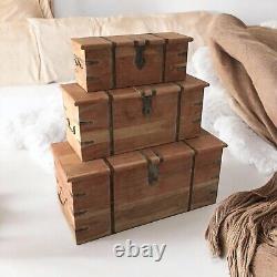 Set 3 Large Trunk Chest Rustic Solid Wooden Box Vintage Storage Ottoman Bench