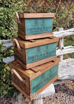 Set Of 3 Fortnum And Mason Lidded Woden Storage Boxes With Rope Handles, Crates