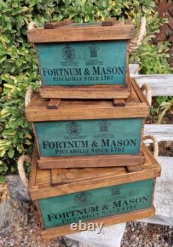 Set Of 3 Fortnum And Mason Lidded Woden Storage Boxes With Rope Handles, Crates