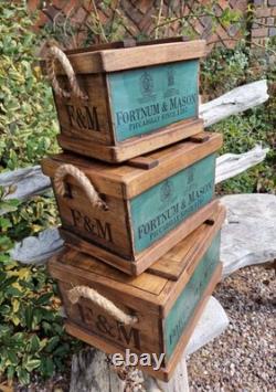Set Of 3 Fortnum And Mason Lidded Woden Storage Boxes With Rope Handles, Crates