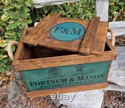Set Of 3 Fortnum And Mason Lidded Woden Storage Boxes With Rope Handles, Crates
