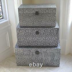 Set Of 3 Trunks Blanket Storage Boxes Chests Silver Embossed Chic Vintage