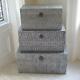 Set Of 3 Trunks Blanket Storage Boxes Chests Silver Embossed Chic Vintage