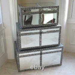 Set Of 3 Trunks Blanket Storage Boxes Chests Silver Embossed Mirrored Fronts