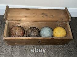 Set Of 4 Vintage Wooden Croquet Balls In Jacques London Wood Box Sports Garden