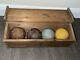 Set Of 4 Vintage Wooden Croquet Balls In Jacques London Wood Box Sports Garden