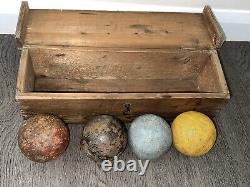 Set Of 4 Vintage Wooden Croquet Balls In Jacques London Wood Box Sports Garden