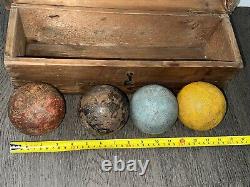 Set Of 4 Vintage Wooden Croquet Balls In Jacques London Wood Box Sports Garden