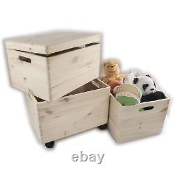 Set Three Wood Toy Boxes Trunks DIY/Top Lidded + Mid Crate + Bottom On Wheels