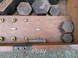 Set Vintage Cast Iron & Brass Scales Weights Avery- 5kg- 1 Gr In Wooden Box