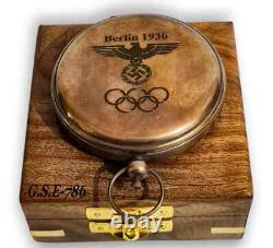 Set of 10 Vintage Nautical Brass Push Button Compass Berlin 1936 Wooden Box Gift