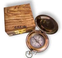 Set of 10 Vintage Nautical Brass Push Button Compass Berlin 1936 Wooden Box Gift