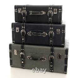 Set of 3 Luggage Style Storage Boxes Trunks Black, Grey & Navy