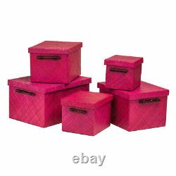 Set of 5 Premier Pink Pandanus Wood Boxes Lids Home Storage 100% Bamboo Handles