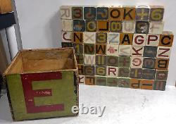 Set of 61 Vintage Alphabet and Number Wood Blocks with Original Storage Box