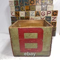 Set of 61 Vintage Alphabet and Number Wood Blocks with Original Storage Box