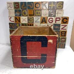 Set of 61 Vintage Alphabet and Number Wood Blocks with Original Storage Box