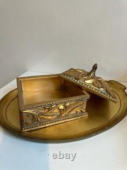 Set of Golden Colour Wooden 2 Trays and 2 Boxes Preowned