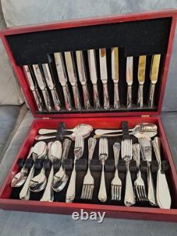 Set of cutlery in vintage wooden canteen box, George Butler 18-10 stainless