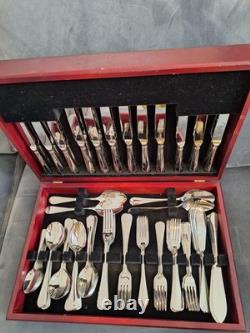 Set of cutlery in vintage wooden canteen box, George Butler 18-10 stainless