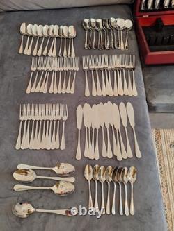 Set of cutlery in vintage wooden canteen box, George Butler 18-10 stainless