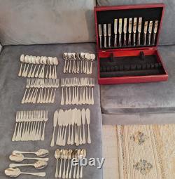 Set of cutlery in vintage wooden canteen box, George Butler 18-10 stainless