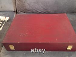 Set of cutlery in vintage wooden canteen box, George Butler 18-10 stainless