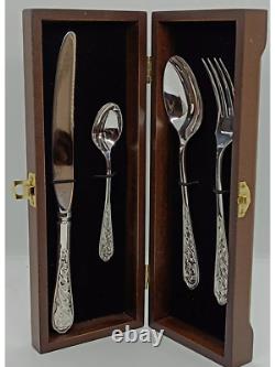 Silverware set 4 pc NEW Flatware Sterling Silver 925 fork spoon knife Wooden box