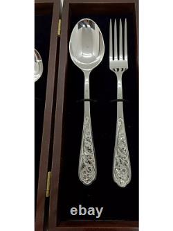 Silverware set 4 pc NEW Flatware Sterling Silver 925 fork spoon knife Wooden box