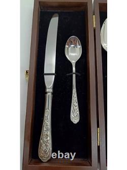 Silverware set 4 pc NEW Flatware Sterling Silver 925 fork spoon knife Wooden box