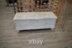 Solid Mango Wood White Wash Hand Carved Storage Box or Ottoman with Latch