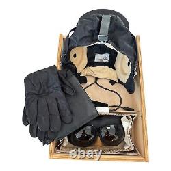 Soviet USSR Russian Aviator Gift Set Leather Helmet Gloves Goggles Wooden Box