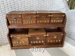 Spice Storage Box Set Tea Coffee Sugar Brass Inlay Hinges Brown Wooden Retro