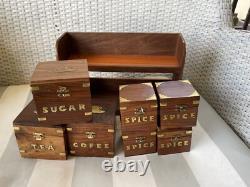 Spice Storage Box Set Tea Coffee Sugar Brass Inlay Hinges Brown Wooden Retro