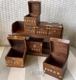Spice Storage Box Set Tea Coffee Sugar Brass Inlay Hinges Brown Wooden Retro