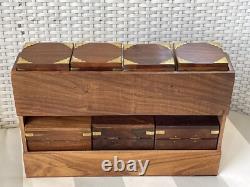 Spice Storage Box Set Tea Coffee Sugar Brass Inlay Hinges Brown Wooden Retro
