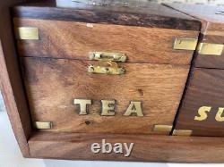 Spice Storage Box Set Tea Coffee Sugar Brass Inlay Hinges Brown Wooden Retro